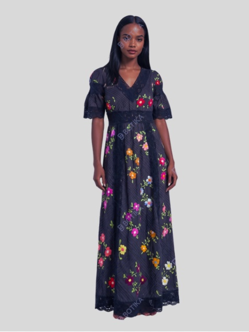 Vintage Floral Hand-Embroidered Black Maxi Dress • Lace Trim • Made in Oaxaca